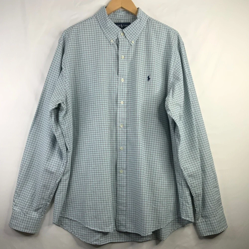 Polo Ralph Lauren Mens XXL Custom Fit Button Down Shirt Blue Micro Check Pony